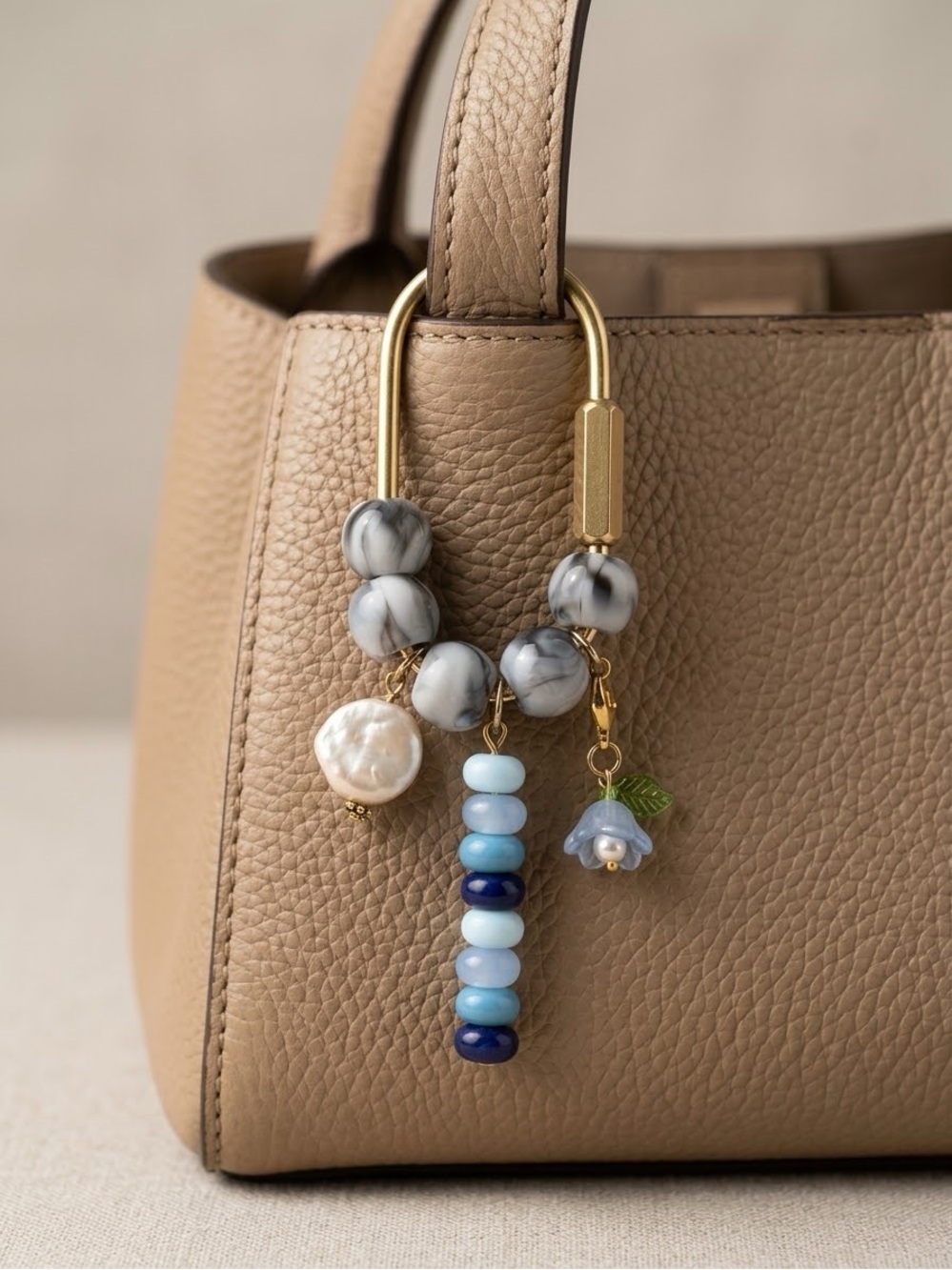 Viral Carabiner Beaded Bag Charm Keychain with Faux Pearl & Flower Charms